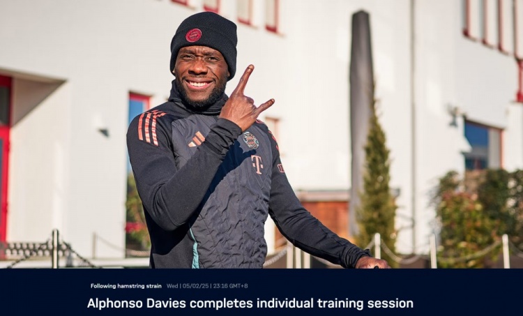  拜仁官方：阿方索-戴维斯已经恢复个人训练